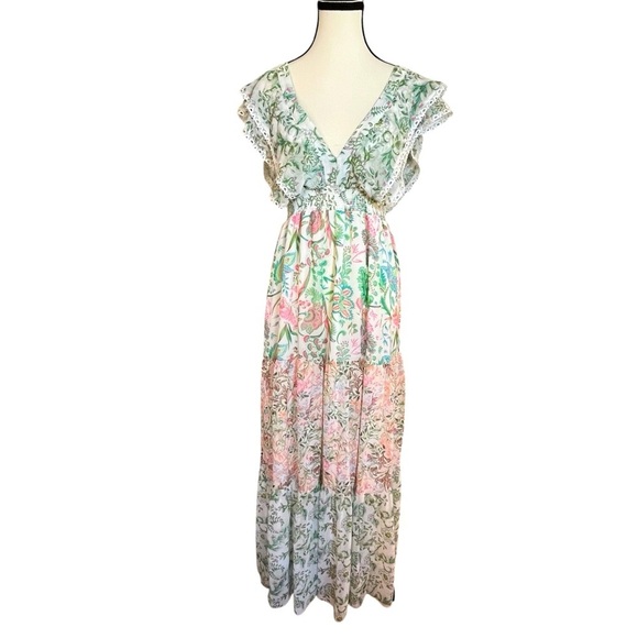 House of Harlow 1960 Pink & Green Floral Tiered Maxi Dress Cottagecore Size  S - mordernwear.com